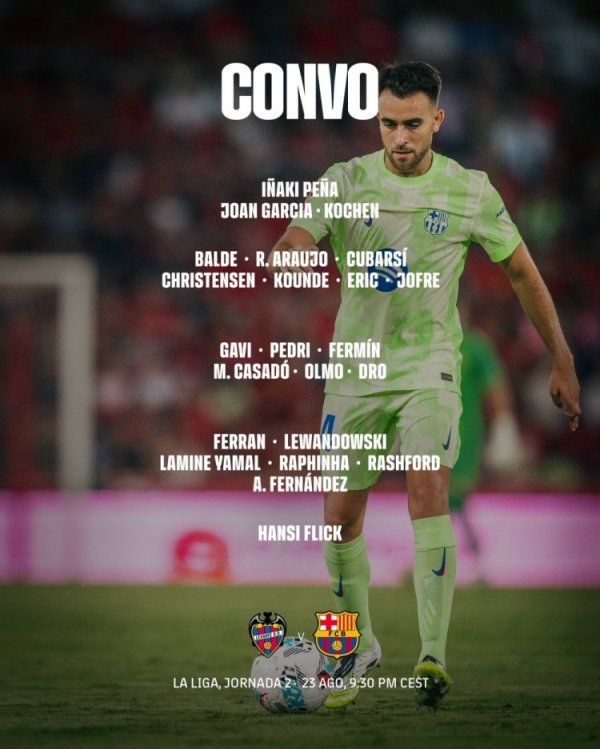 巴萨客战莱万特名单：莱万回归，亚马尔、拉什福德、奥尔莫在列