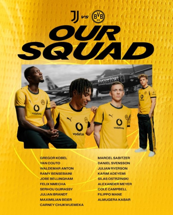 多特客战尤文大名单：小贝林厄姆、萨比策在列，埃姆雷-詹缺阵