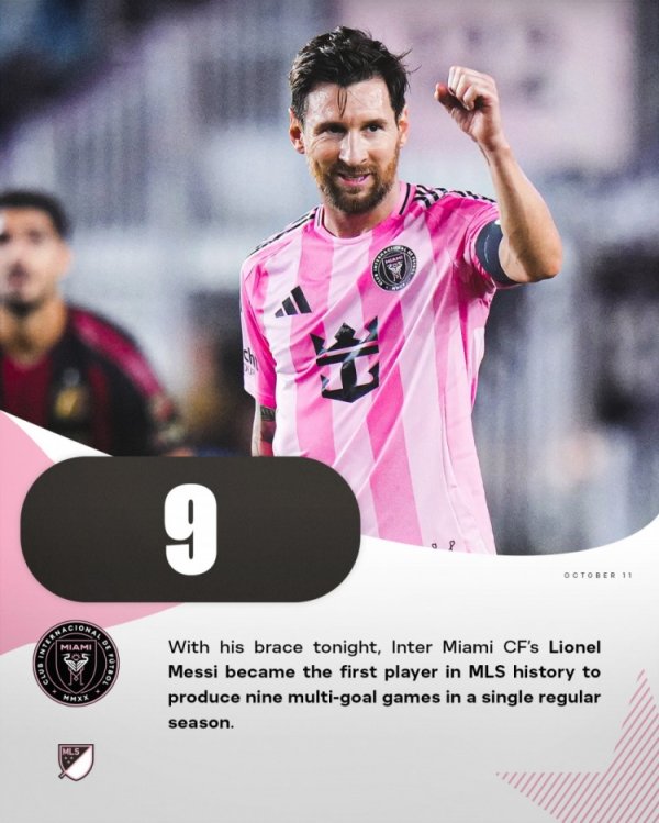 太强！梅西单赛季美职联常规赛9场赛事  双响，赛事历史首人