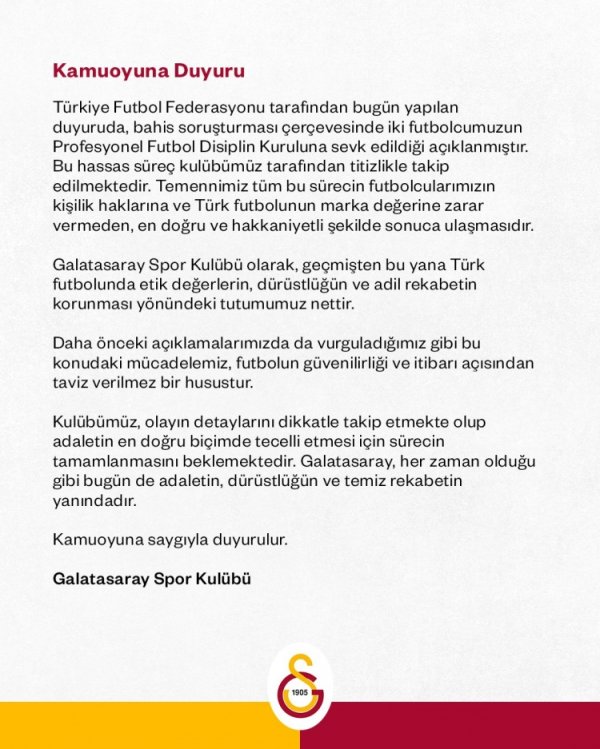 加拉塔萨雷回应反腐案：我们始终站在正义、诚信与公正  角逐  的一边